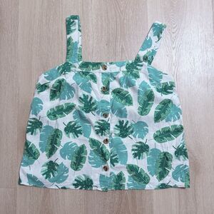 Boho Linen Palm Leaf Print Tank Top M Button Front Camisole Green White Tropical